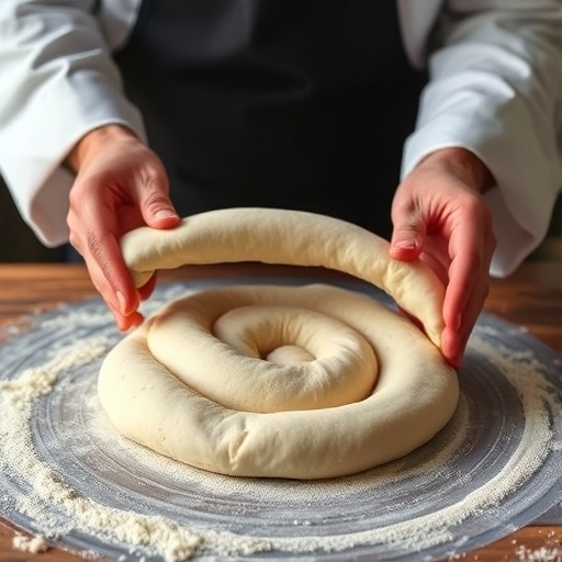Chef's hands stretching dough